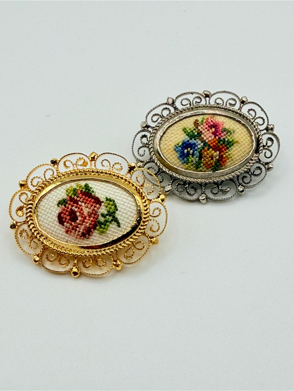 Vintage Needlepoint Rose Brooches Gold Silver-Tone Filigree Floral Petit Point